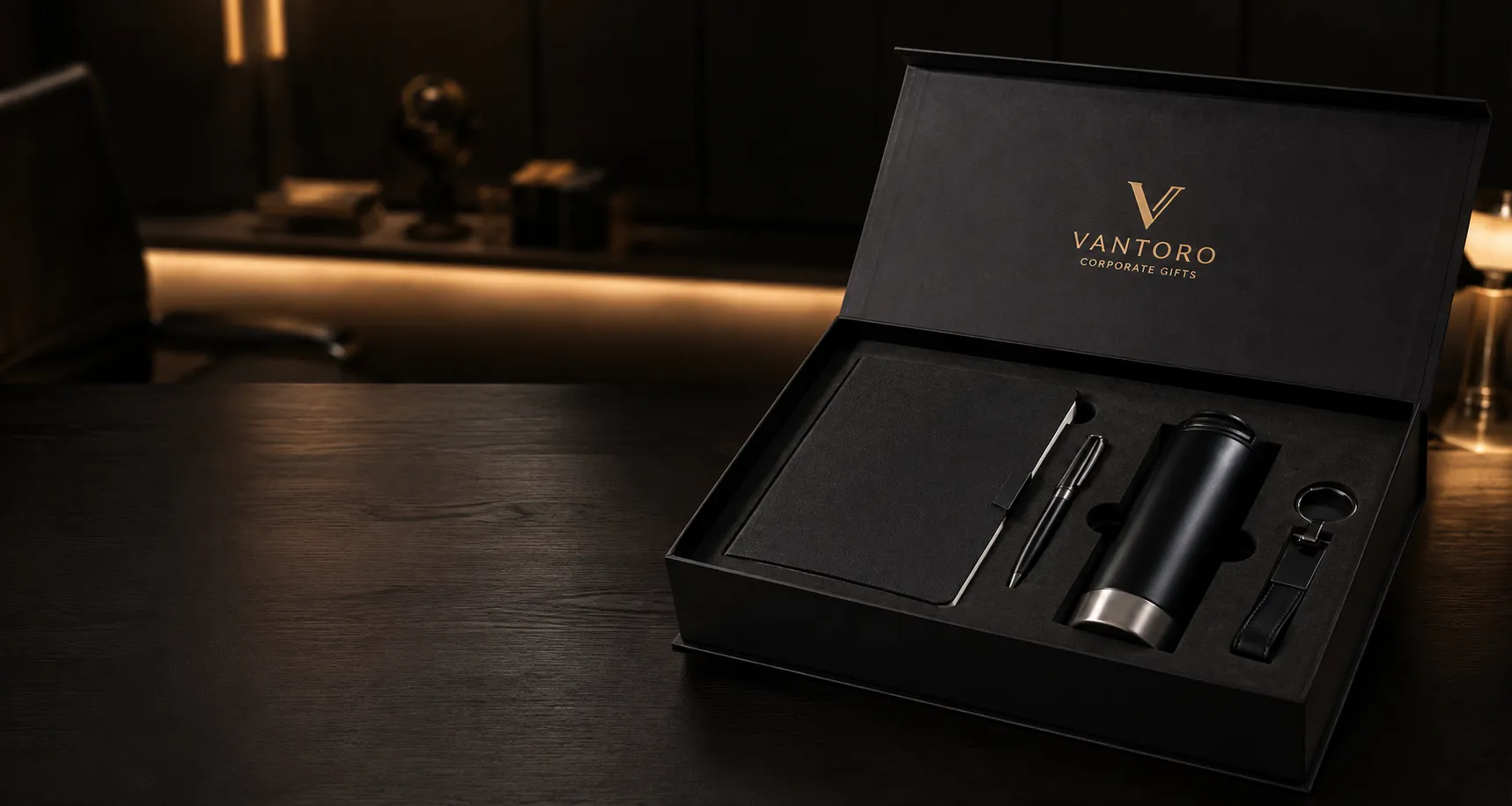 Set de regalo empresarial premium abierto sobre escritorio