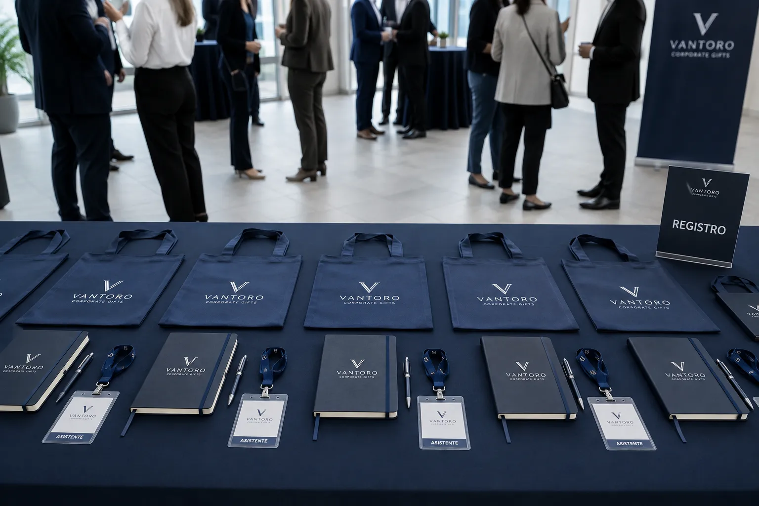 Kits corporativos para evento con bolsas, libretas y lanyards